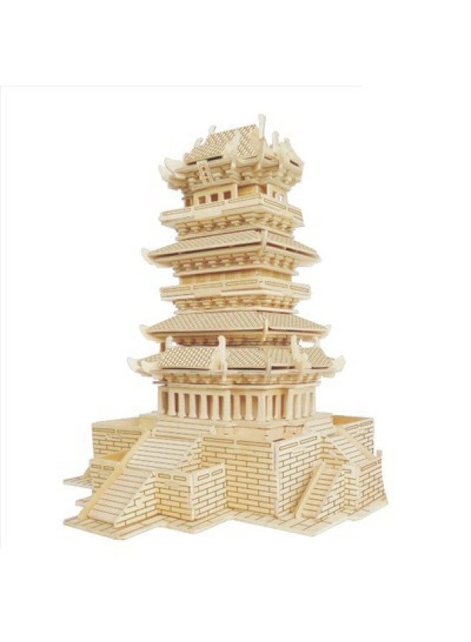 3d Wooden Three-dimensional Jigsaw Puzzle Quadruple Stamping Simulation Wooden Model Stall A Generation Of Children's Toys-Color:Wood Color Wenchang Tower - Image 3